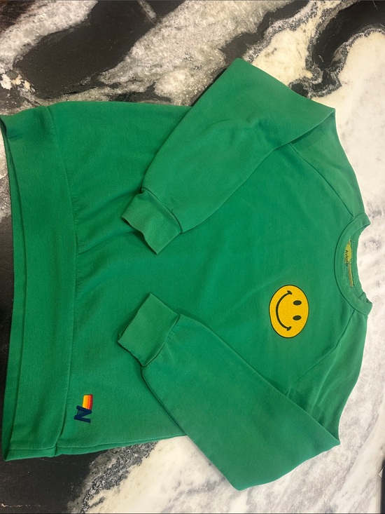 Aviator Nation Sweaters - Aviator Nation Green Sweatshirt with Yellow Smiley Patch- Large
